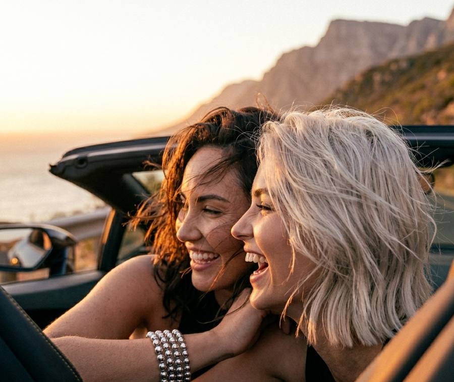 Two friends laughing in a convertible on a coastal road at sunset